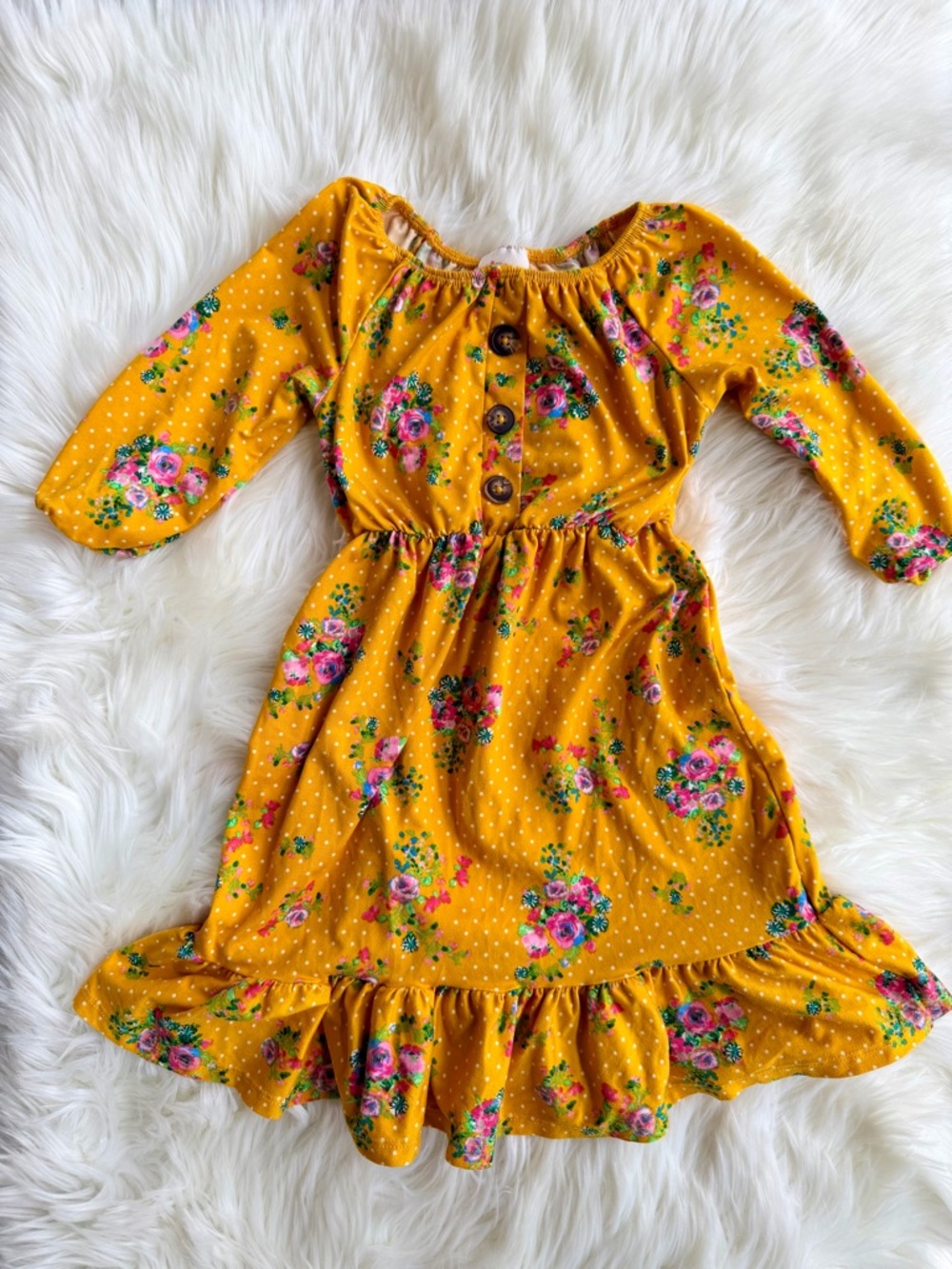 Heart & Arrow Girls' Mustard Floral Ruffle Dress